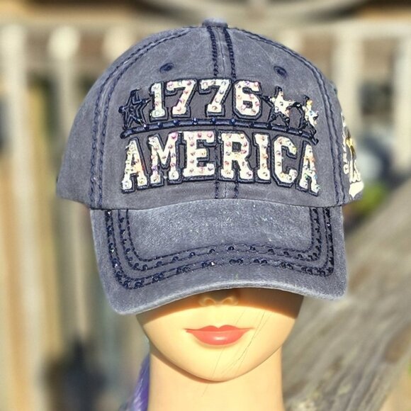 Ladies Navy Blue 1776 America BLING Hat NEW - Picture 1 of 4